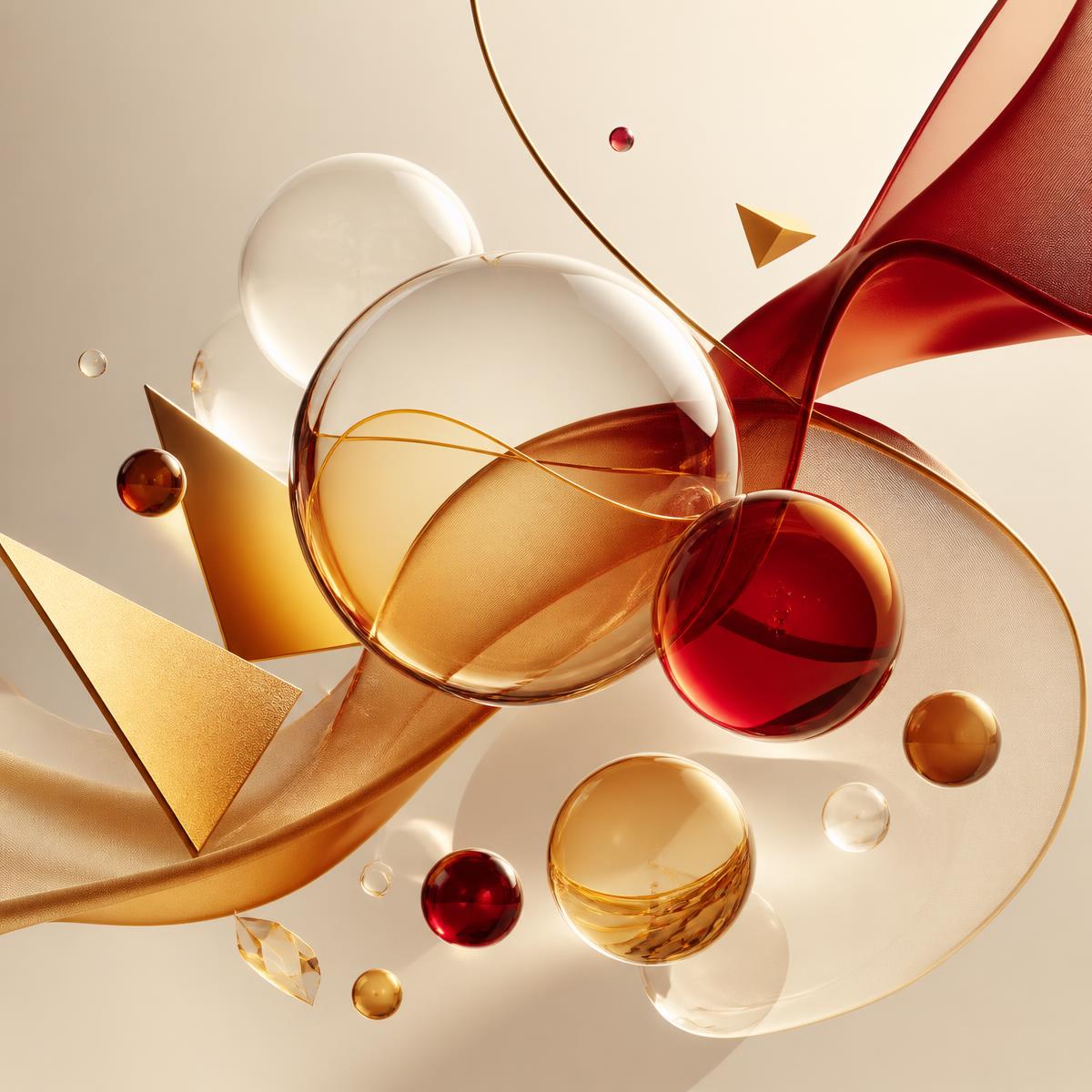 Abstract composition of layered glass forms in Tizo gold, amber and crimson